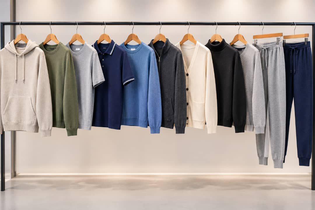 Rack of folded and hung knitwear garments — hoodies, sweaters, and joggers — ready for shipment