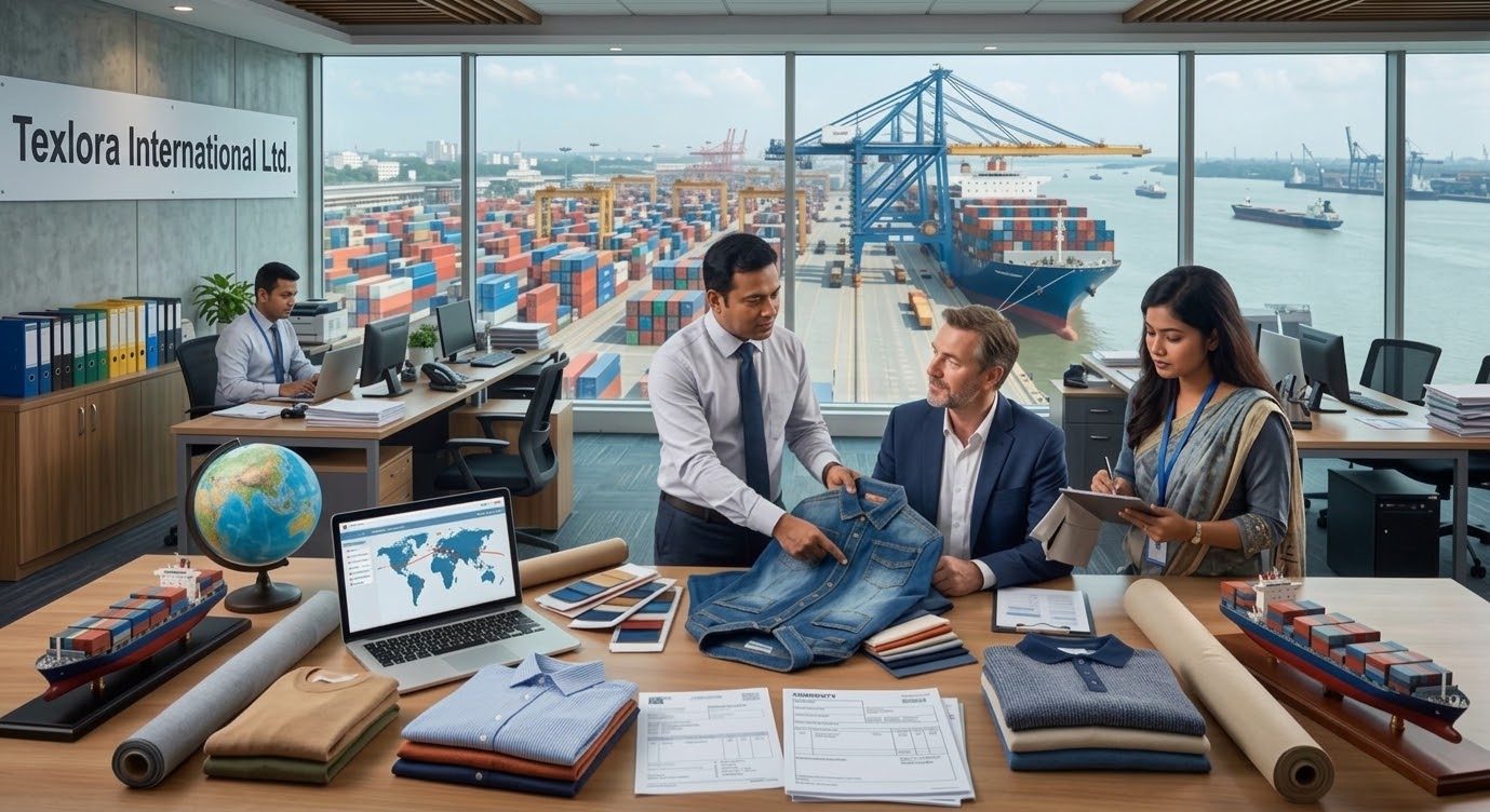 Texlora International team discussing garment samples at the office table, with the container port visible through the window